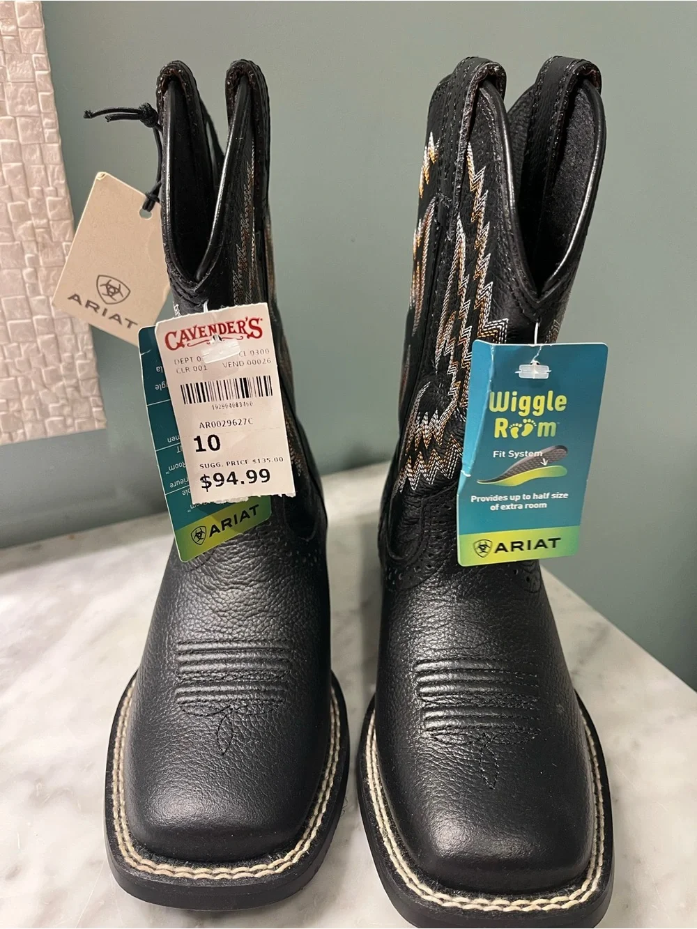 Ariat Black Kids Western Boots with White and Brown Stitching